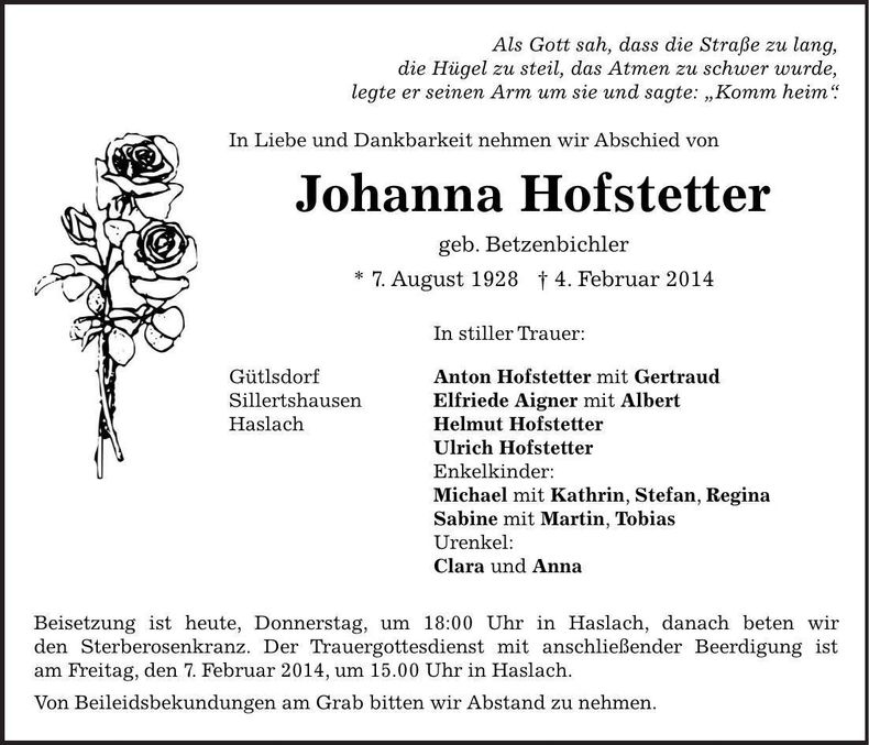 Traueranzeige Johanna Hofstetter