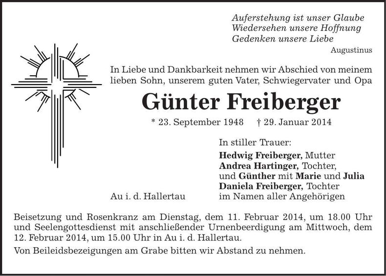 Traueranzeige Günter Freiberger