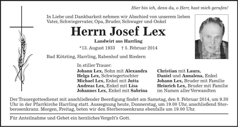 Traueranzeige Josef Lex