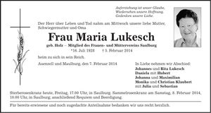 Traueranzeige Maria Lukesch
