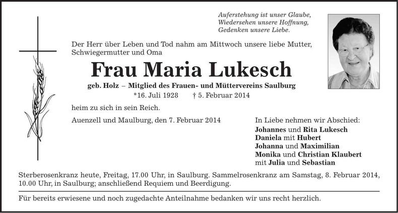 Traueranzeige Maria Lukesch