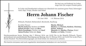 Traueranzeige Johann Fischer