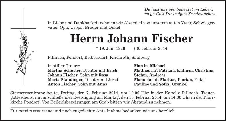 Traueranzeige Johann Fischer