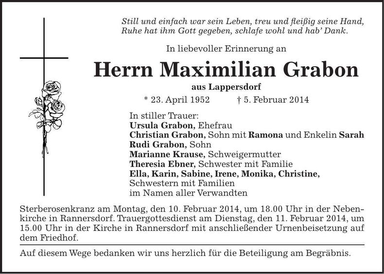 Traueranzeige Maximilian Grabon