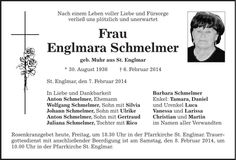 Traueranzeige Englmara Schmelmer