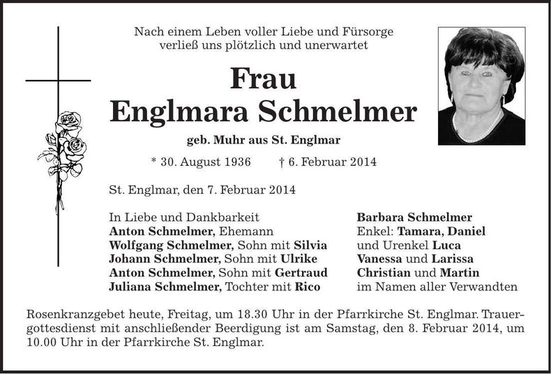 Traueranzeige Englmara Schmelmer