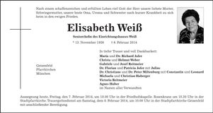 Traueranzeige Elisabeth Weiß
