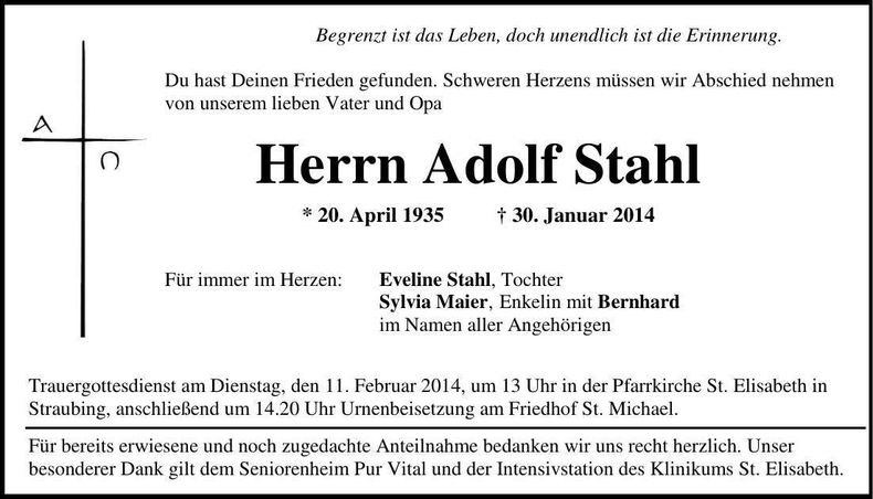 Traueranzeige Adolf Stahl