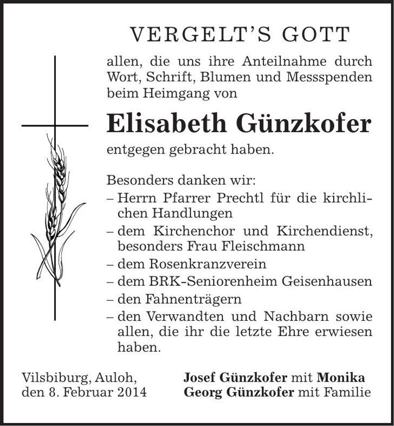 Traueranzeige Elisabeth Günzkofer