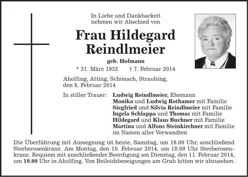 Traueranzeige Hildegard Reindlmeier