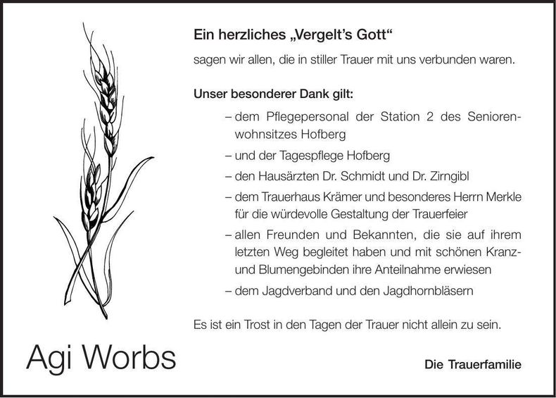 Traueranzeige Agi Worbs