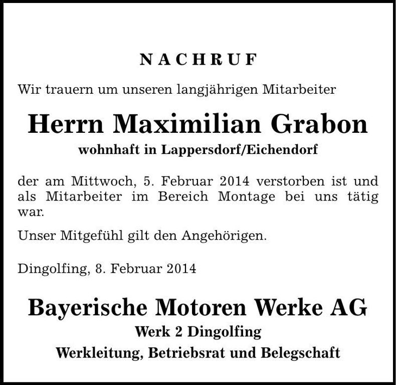 Traueranzeige Maximilian Grabon