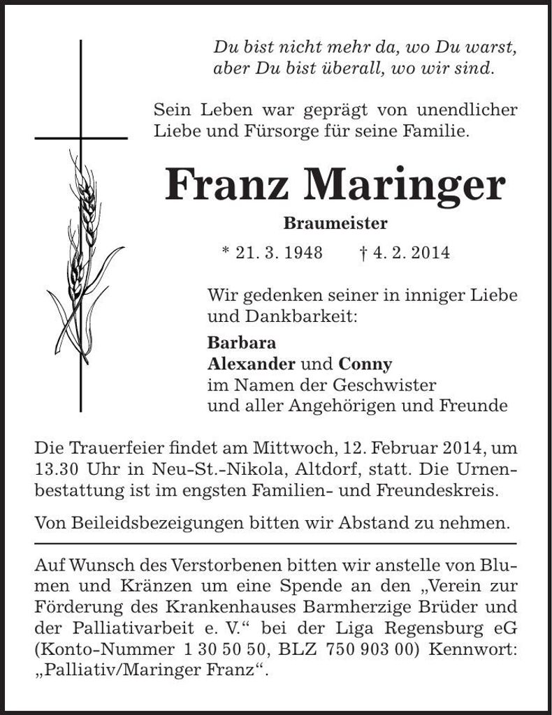 Traueranzeige Franz Maringer