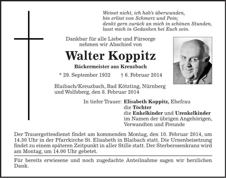 Traueranzeige Walter Koppitz