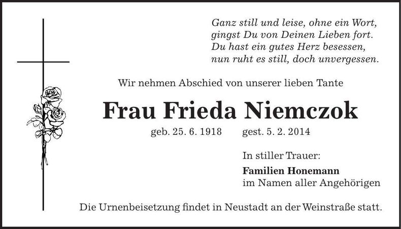 Traueranzeige Frieda Niemczok