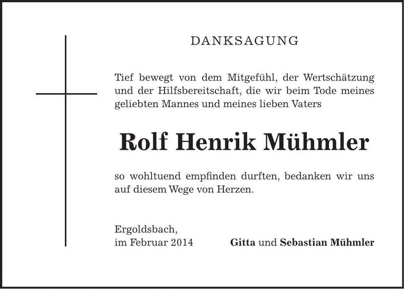 Traueranzeige Rolf Henrik Mühmler