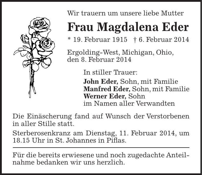 Traueranzeige Magdalena Eder