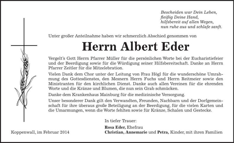 Traueranzeige Albert Eder