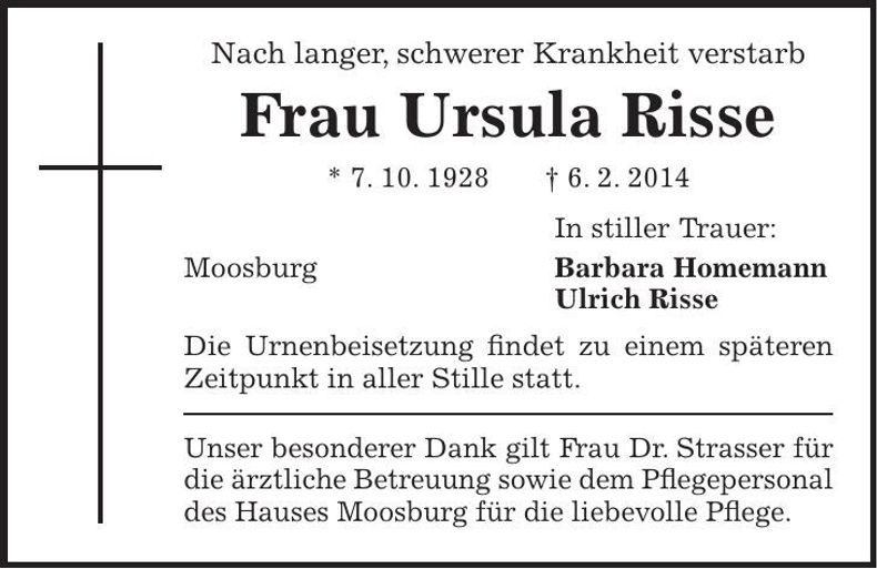 Traueranzeige Ursula Risse