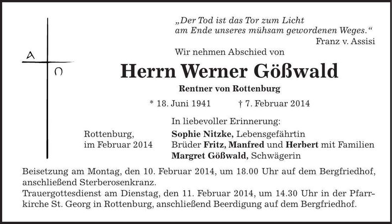 Traueranzeige Werner Gößwald
