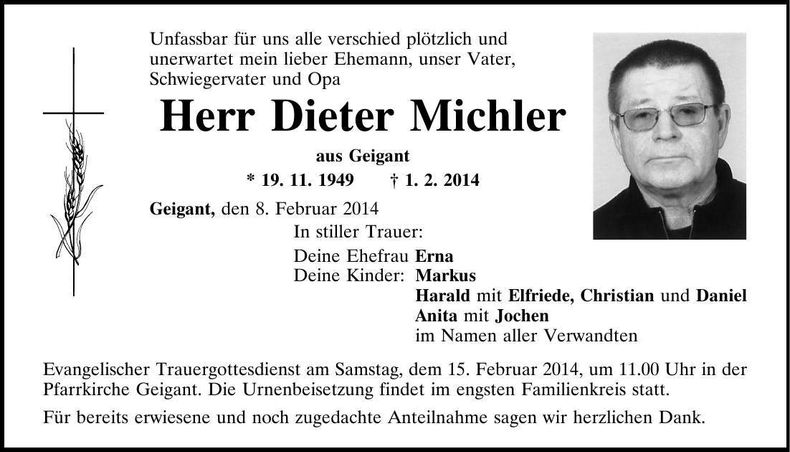 Traueranzeige Dieter Michler