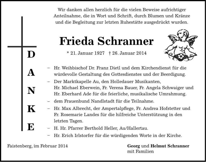 Traueranzeige Frieda Schranner