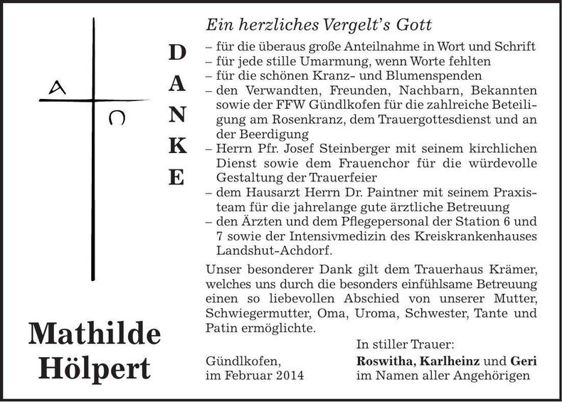 Traueranzeige Mathilde Hölpert
