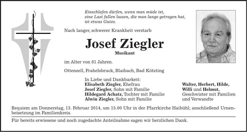 Traueranzeige Josef Ziegler