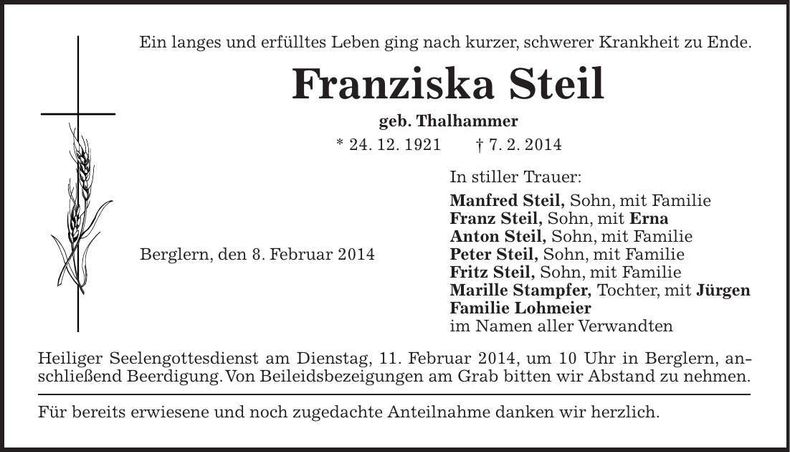 Traueranzeige Franziska Steil