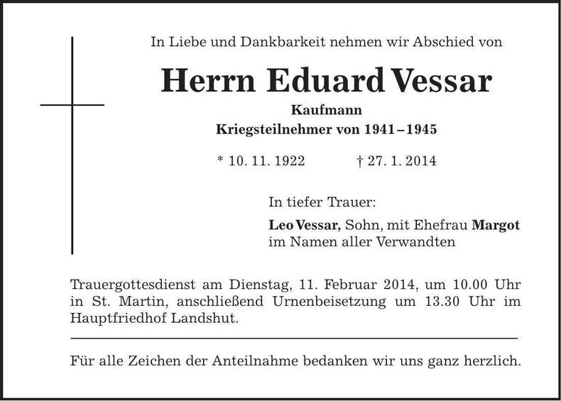 Traueranzeige Eduard Vessar