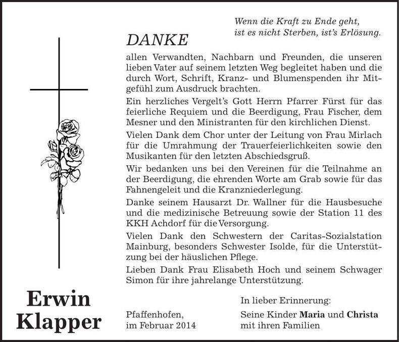 Traueranzeige Erwin Klapper