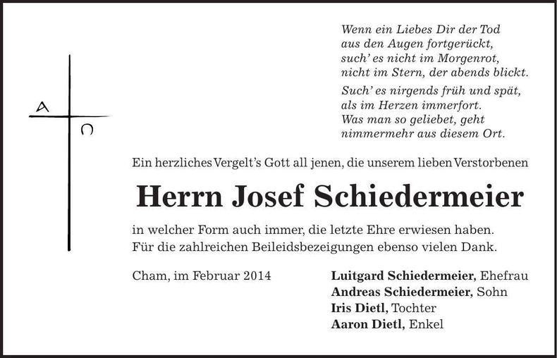 Traueranzeige Josef Schiedermeier
