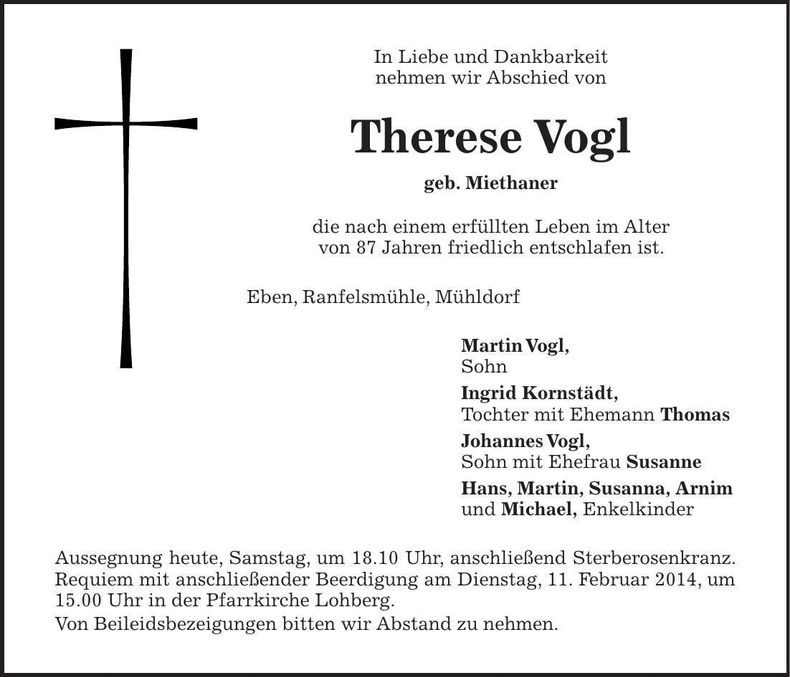 Traueranzeige Therese Vogl