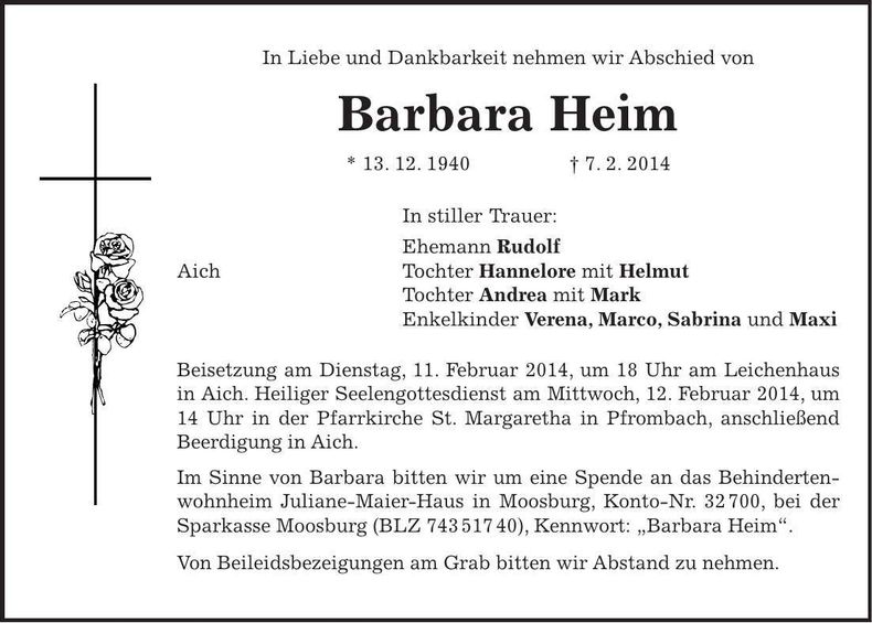 Traueranzeige Barbara Heim