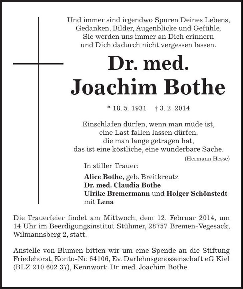 Traueranzeige Joachim Bothe