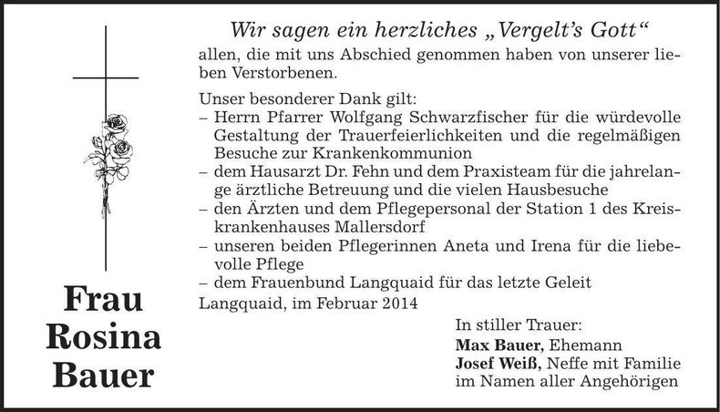Traueranzeige Rosina Bauer