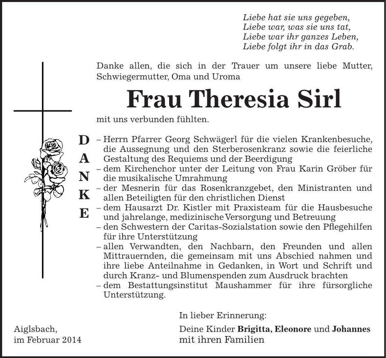 Traueranzeige Theresia Sirl