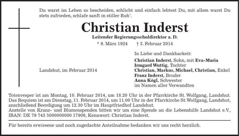 Traueranzeige Christian Inderst