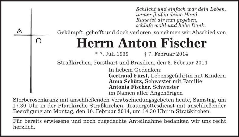 Traueranzeige Anton Fischer