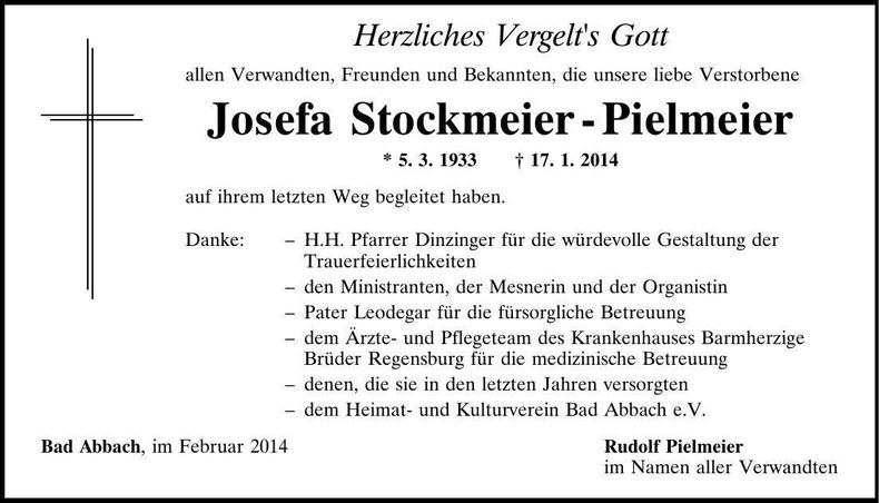 Traueranzeige Josefa Stockmeier-Pielmeier