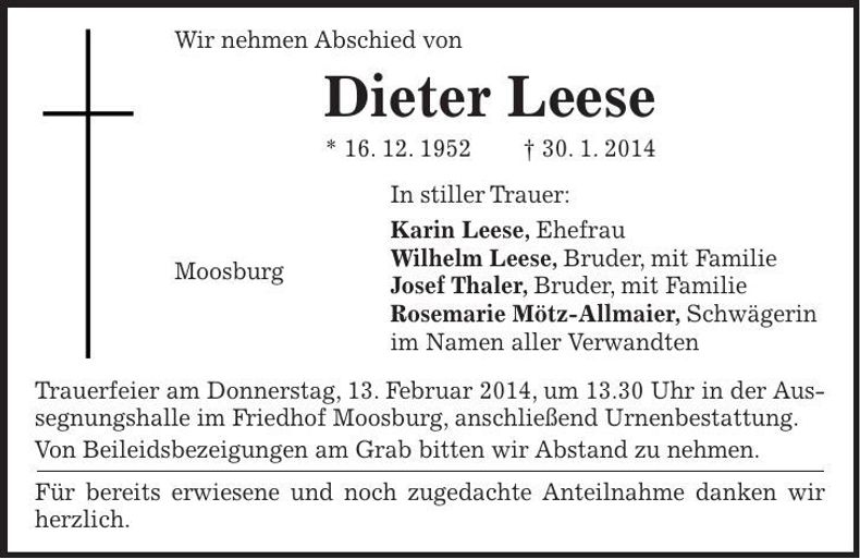 Traueranzeige Dieter Leese