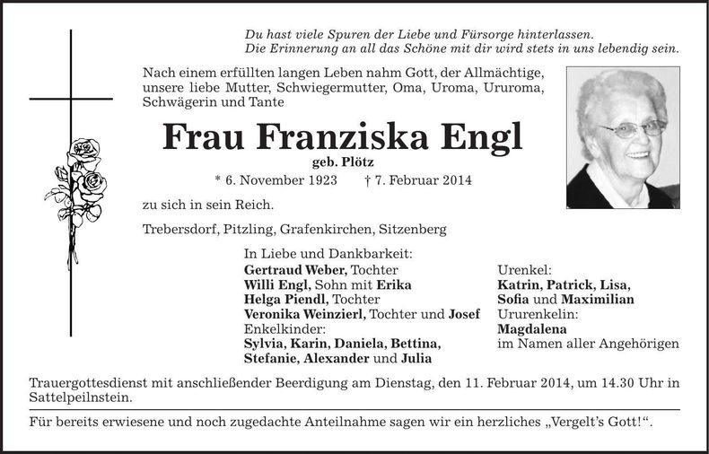 Traueranzeige Franziska Engl