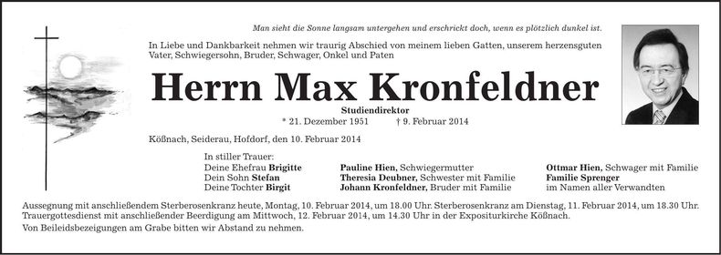 Traueranzeige Max Kronfeldner