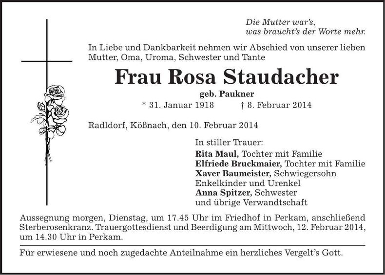 Traueranzeige Rosa Staudacher