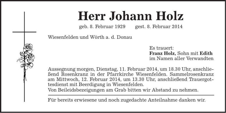 Traueranzeige Johann Holz