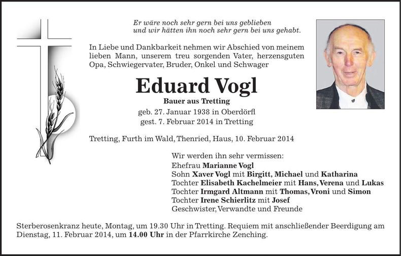 Traueranzeige Eduard Vogl