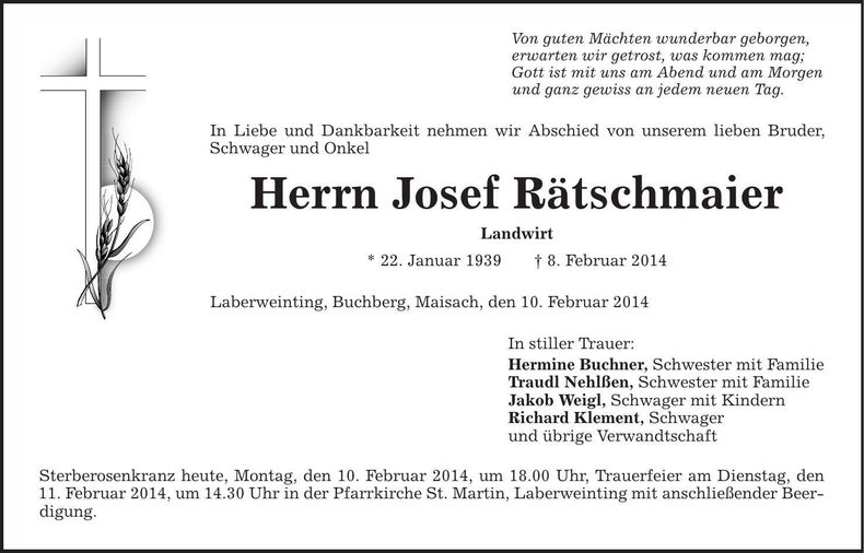Traueranzeige Josef Rätschmaier