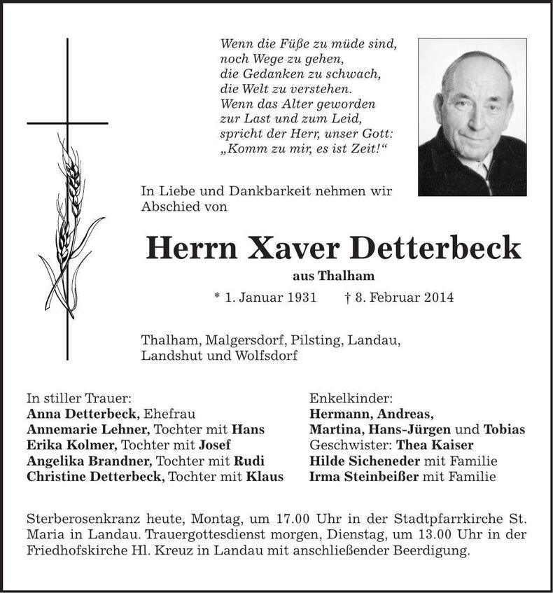 Traueranzeige Xaver Detterbeck