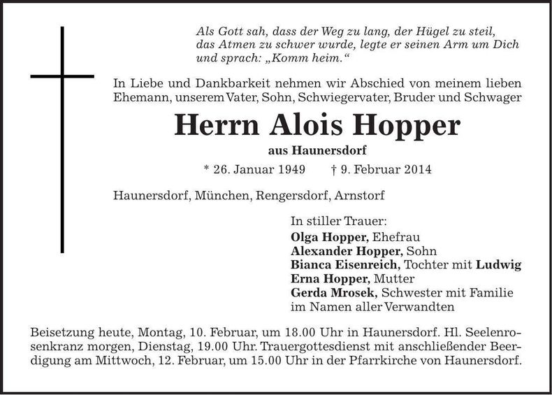 Traueranzeige Alois Hopper