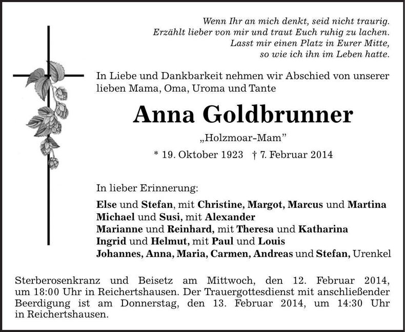 Traueranzeige Anna Goldbrunner
